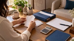 Psicóloga organiza comprovantes e calendário na mesa de um consultório, com uma calculadora ao lado.