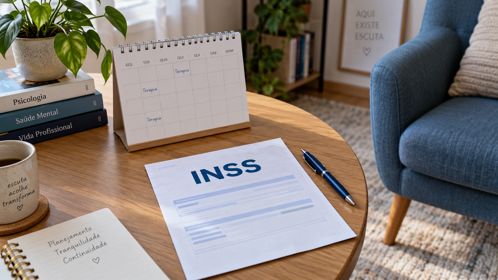 Agenda com poucos atendimentos de psicologia ao lado de uma guia de INSS