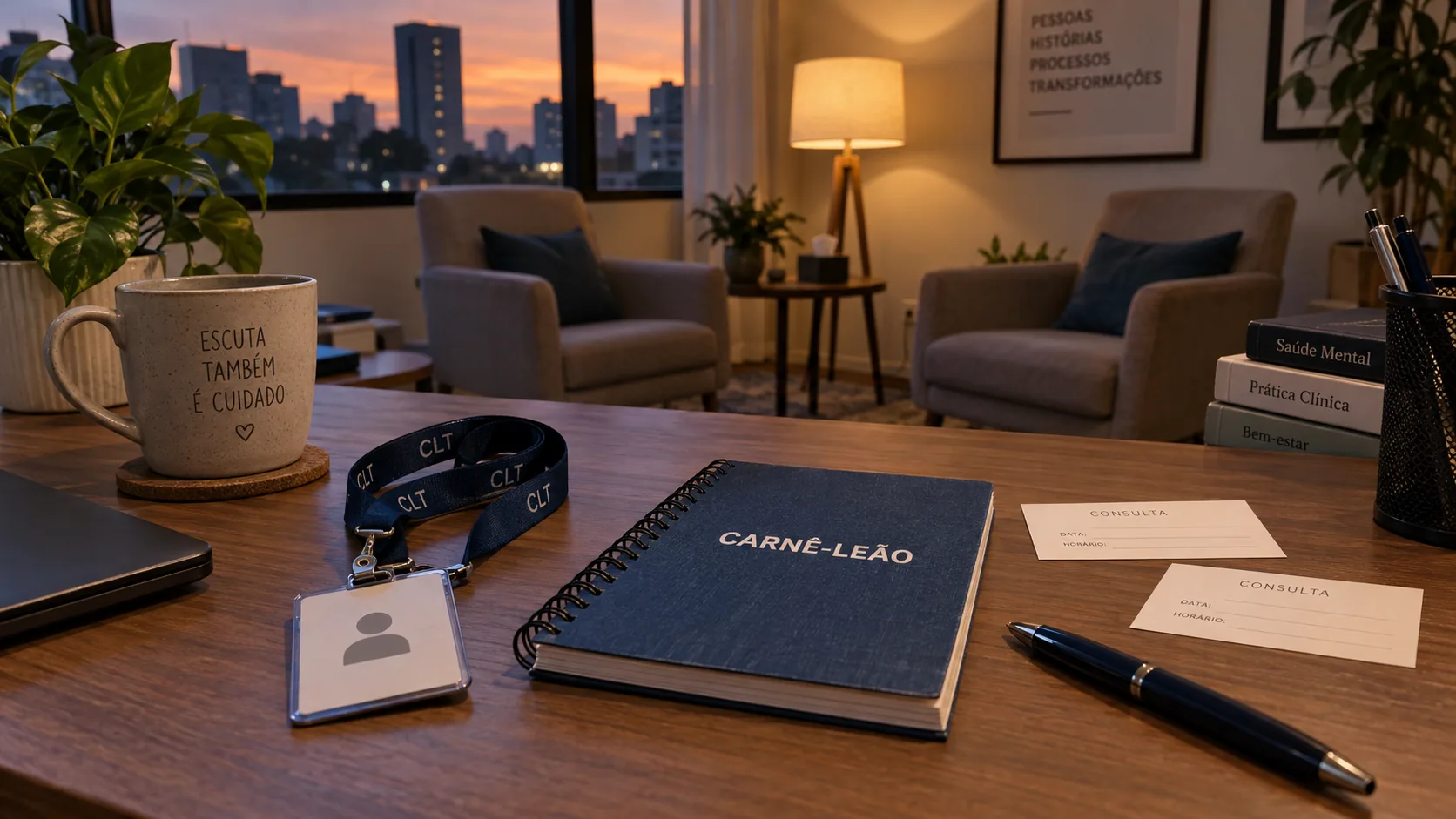 Mesa de consultório de psicologia com crachá CLT e caderno Carnê-Leão