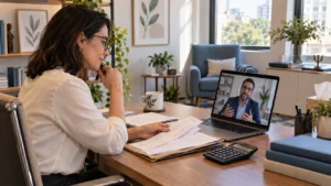 Psicóloga conversa por videochamada com contador enquanto analisa documentos no consultório.