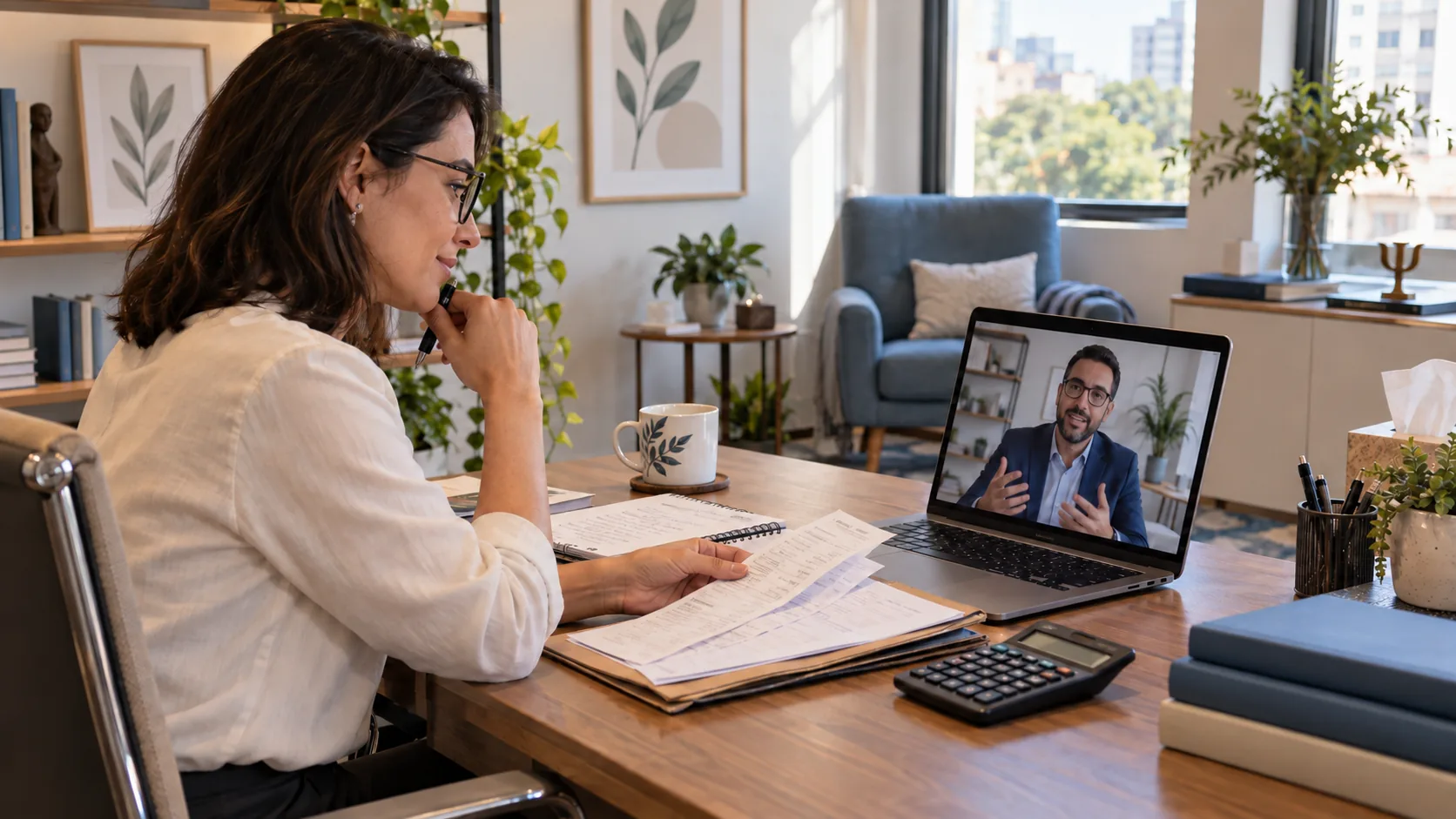 Psicóloga conversa por videochamada com contador enquanto analisa documentos no consultório.
